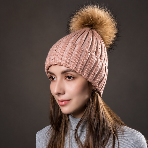 Adeline Women’s Rhinestone Ribbed Pom-Pom Beanie