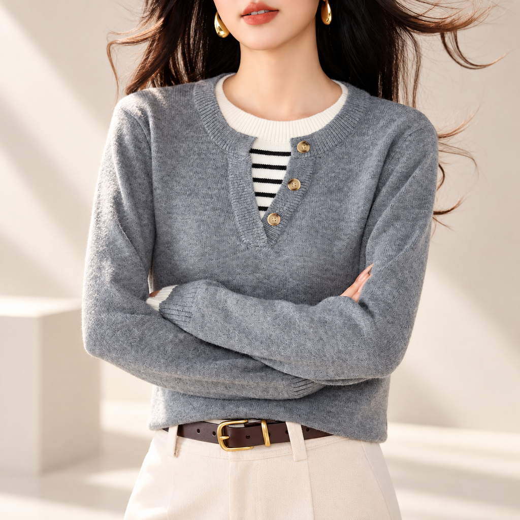 Camille Women’s Contrast Trim Button-Placket Knit Sweater