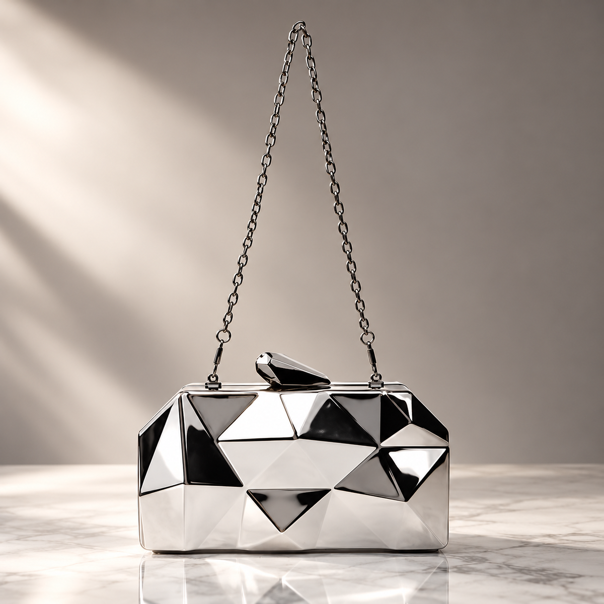 Alessandra Geometric Metallic Hard-Shell Evening Clutch with Chain Strap