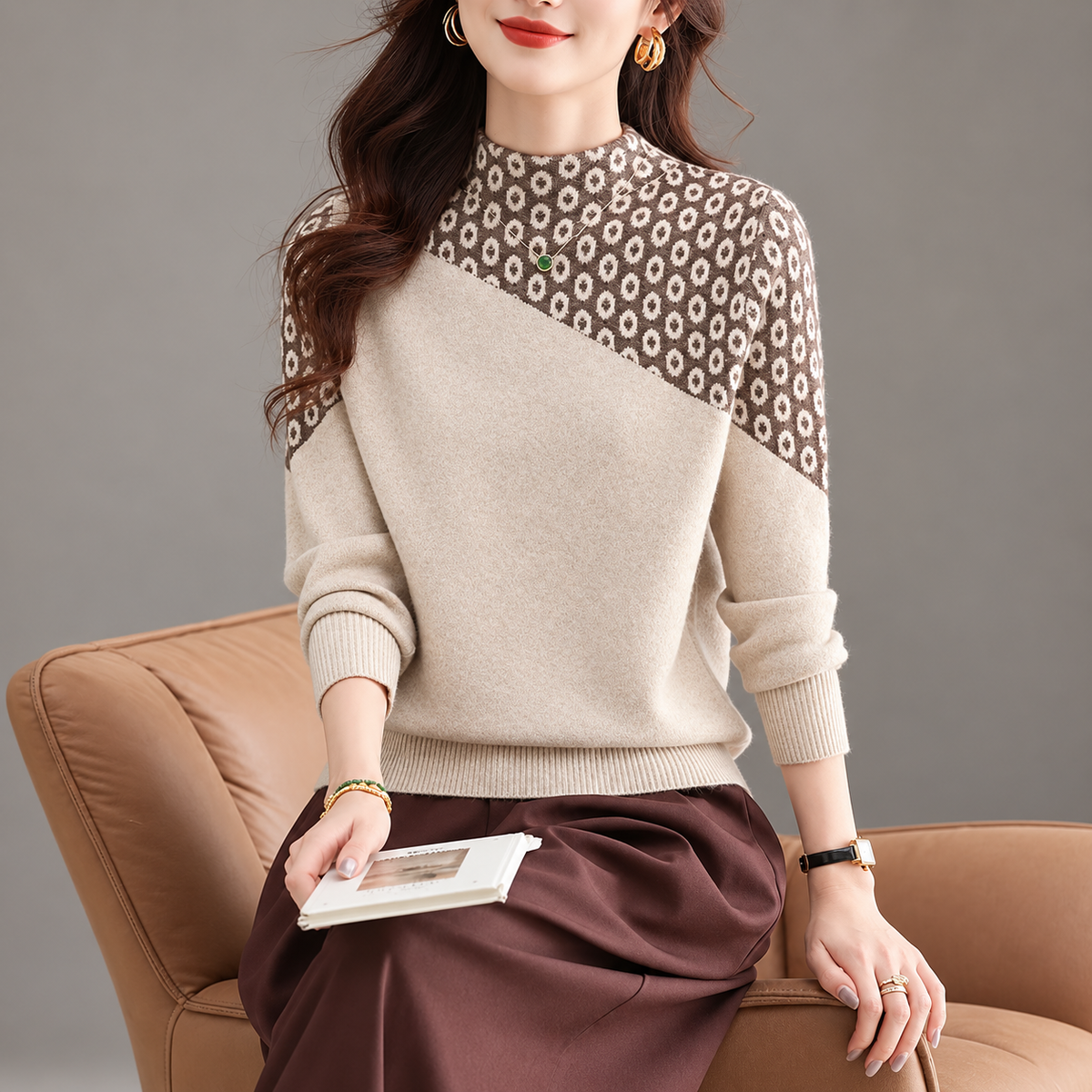 Camille Women’s Patterned Mock Neck Knit Sweater