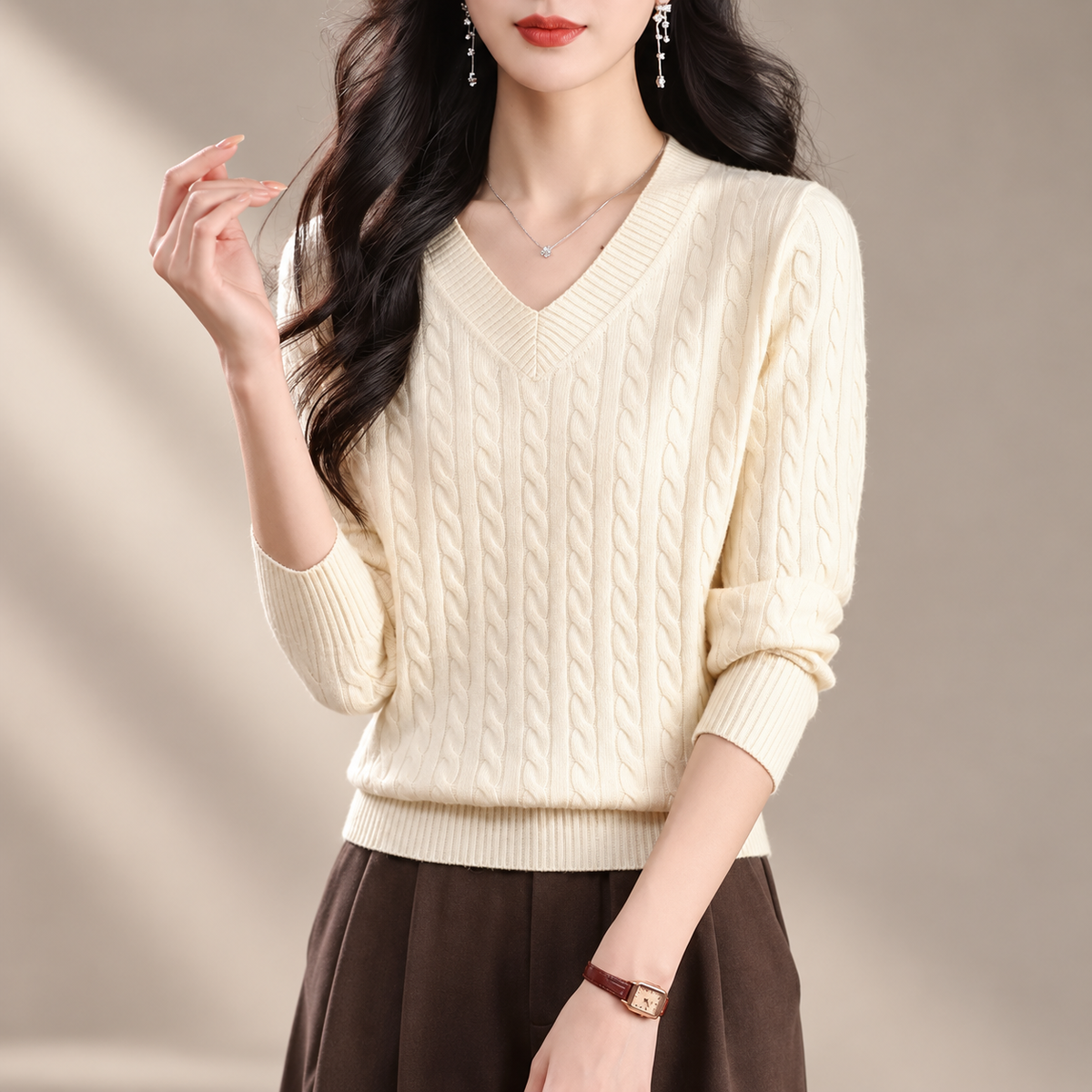 Valentina Women's Cable Knit V-Neck Sweater with Ribbed Trim