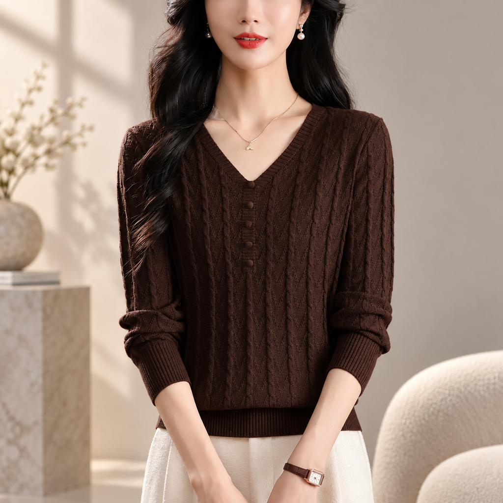 Francesca Women's Cable Knit V-Neck Sweater with Decorative Button Placket