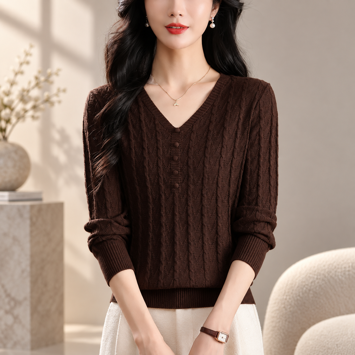 Francesca Women's Cable Knit V-Neck Sweater with Decorative Button Placket