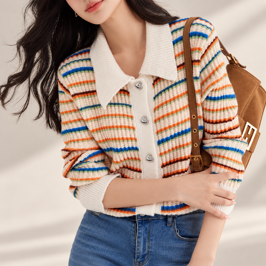 Rosalie Ivory Multi-Stripe Ribbed Knit Cardigan with Heart Buttons