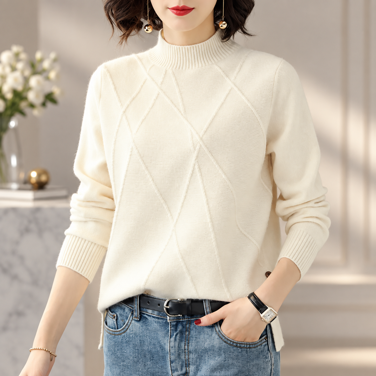 Adeline Textured Mock Neck Knit Sweater – Women’s Long Sleeve Side Button Pullover