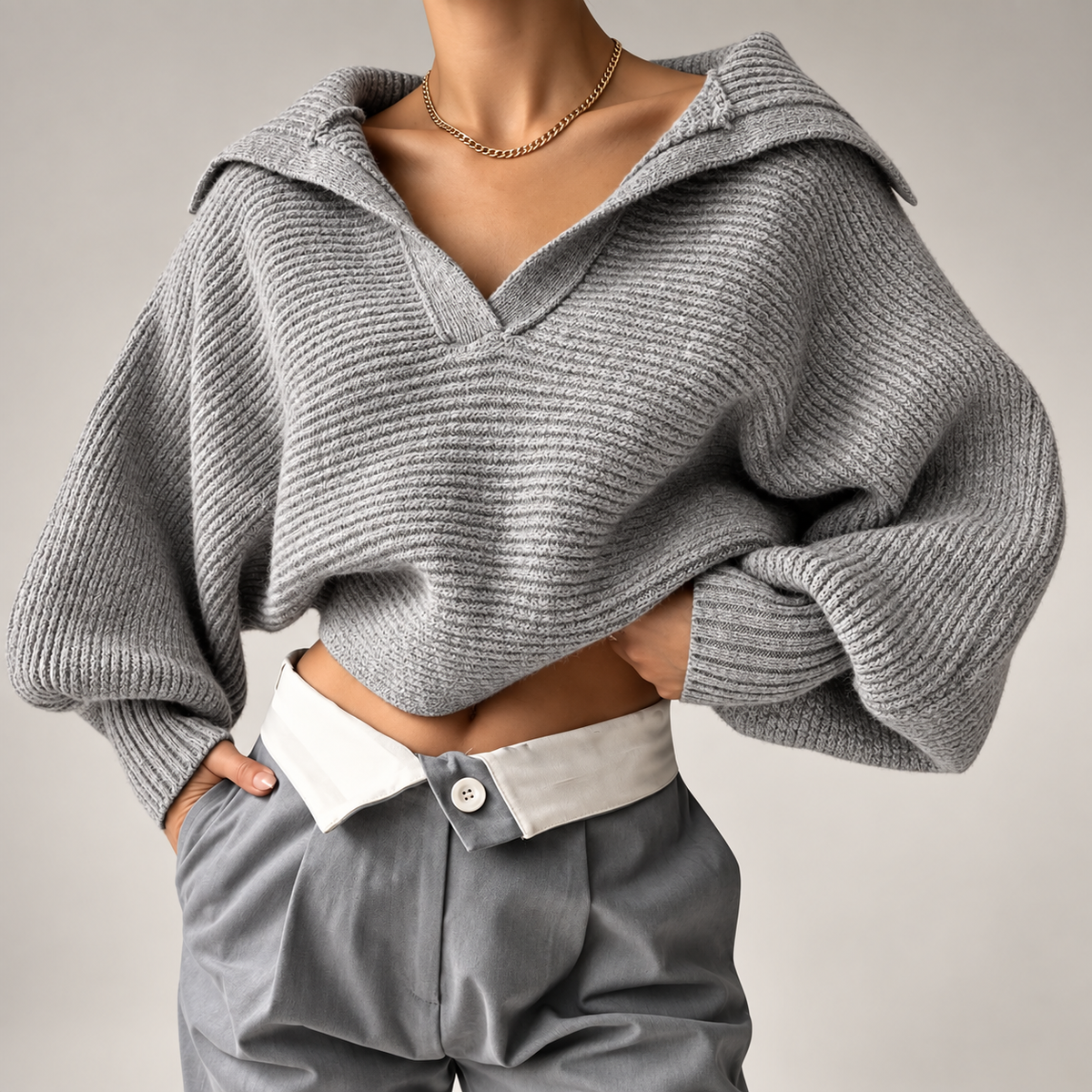 Colette Women’s Oversized Collared Knit Sweater – Ribbed Long Sleeve Pullover