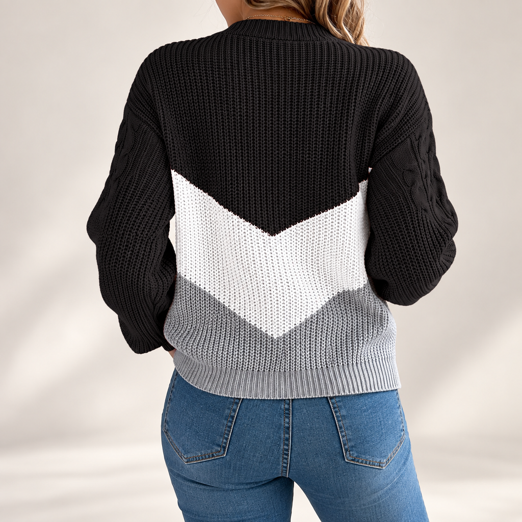Camille Women’s Cable Knit Colorblock Crewneck Sweater