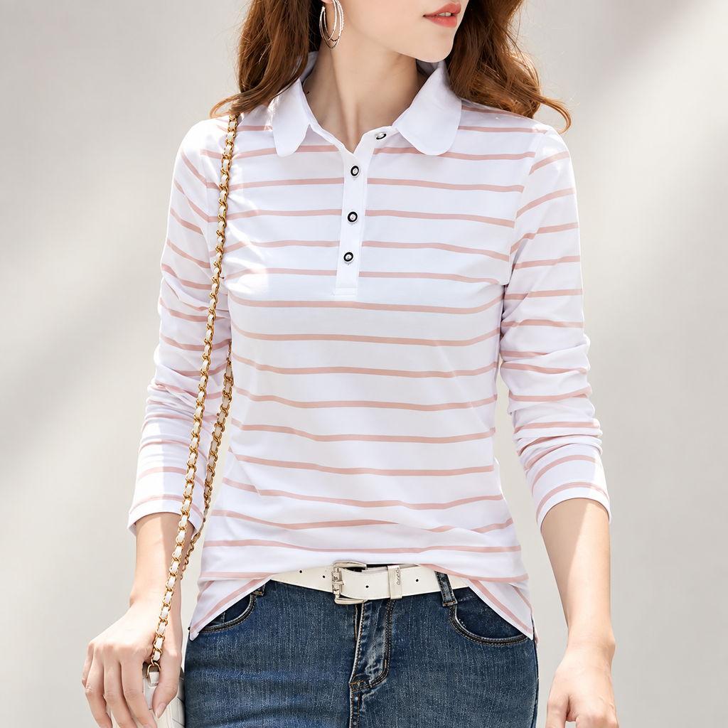 Camille Women’s Long Sleeve Striped Polo Shirt
