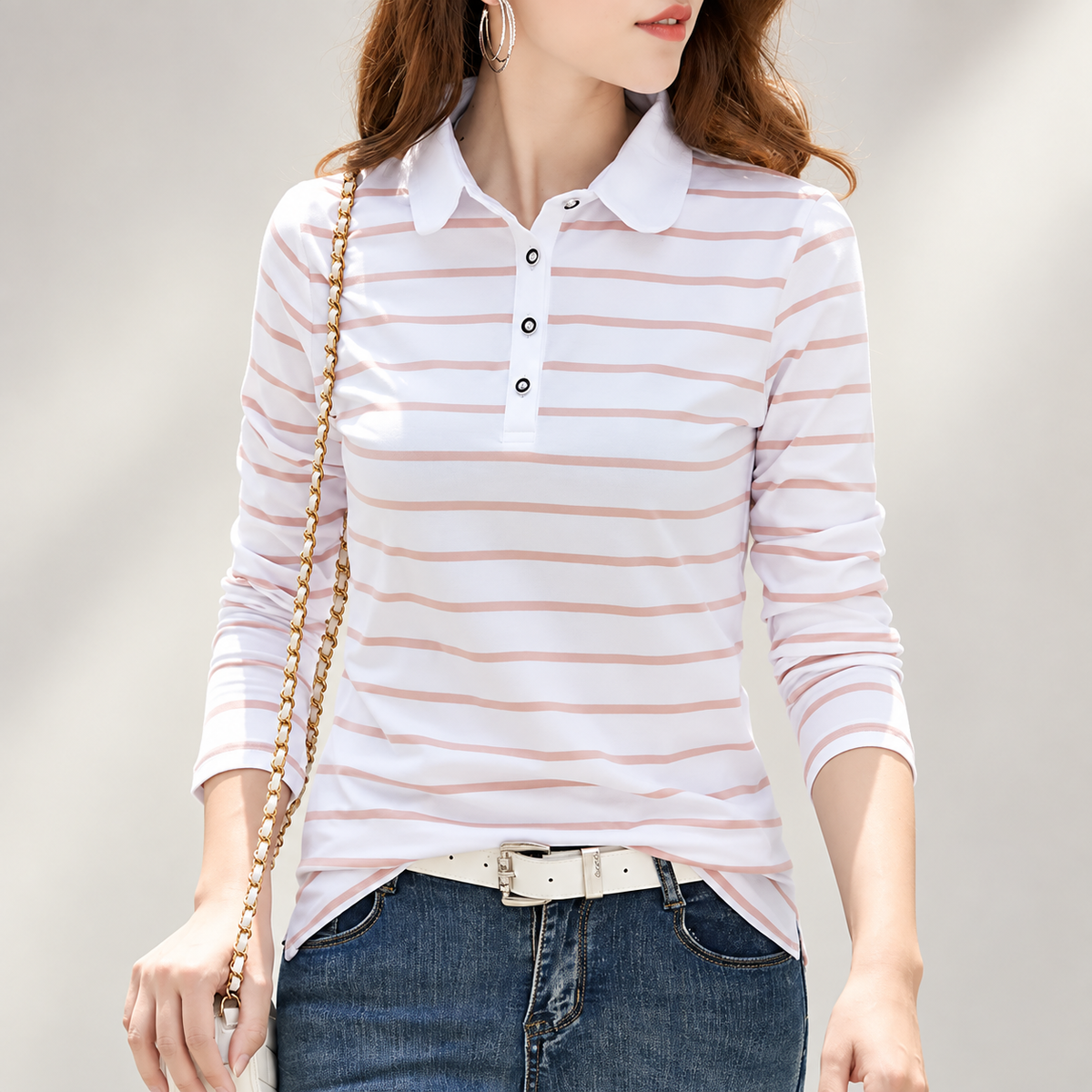 Camille Women’s Long Sleeve Striped Polo Shirt