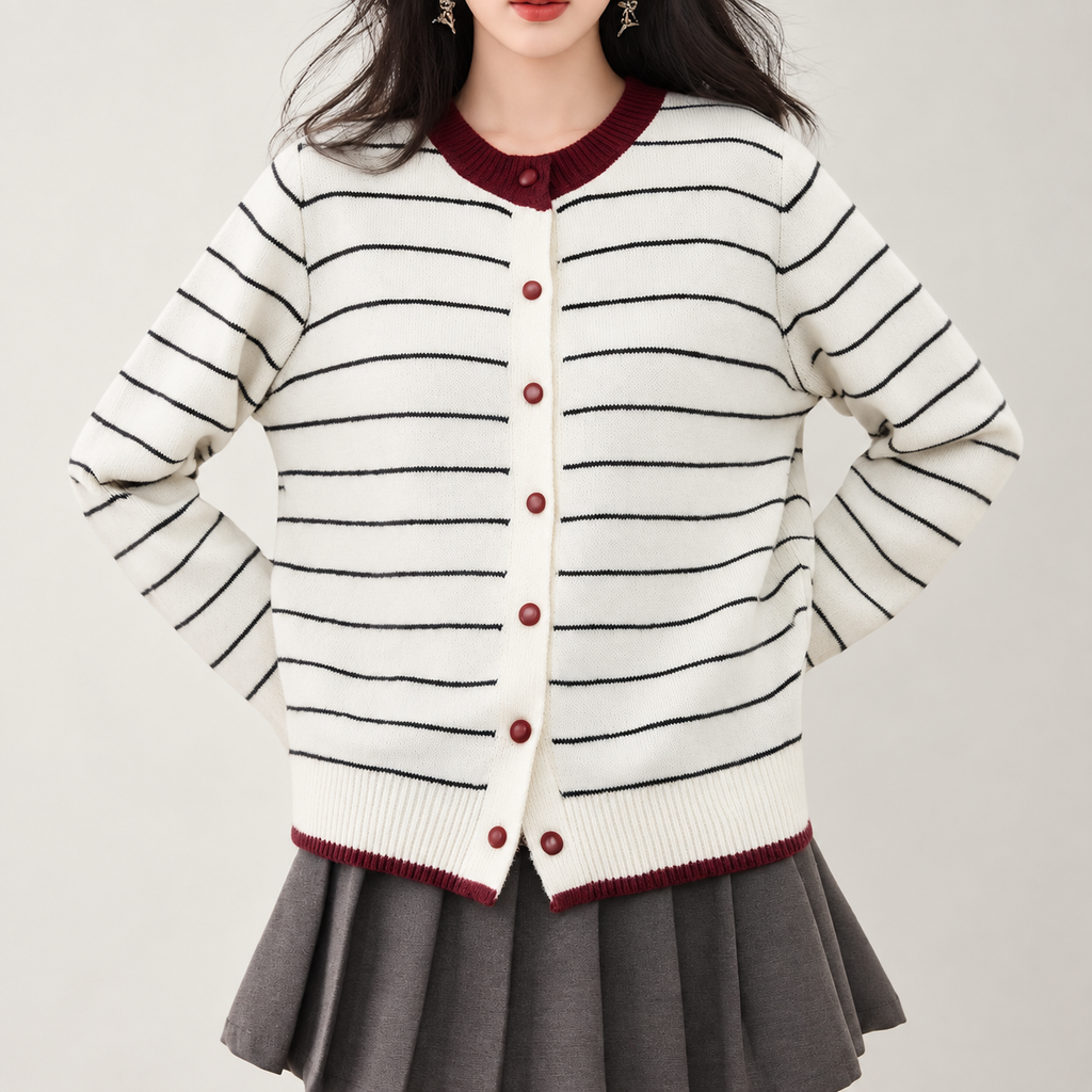 Beatrice Contrast Trim Striped Knit Cardigan