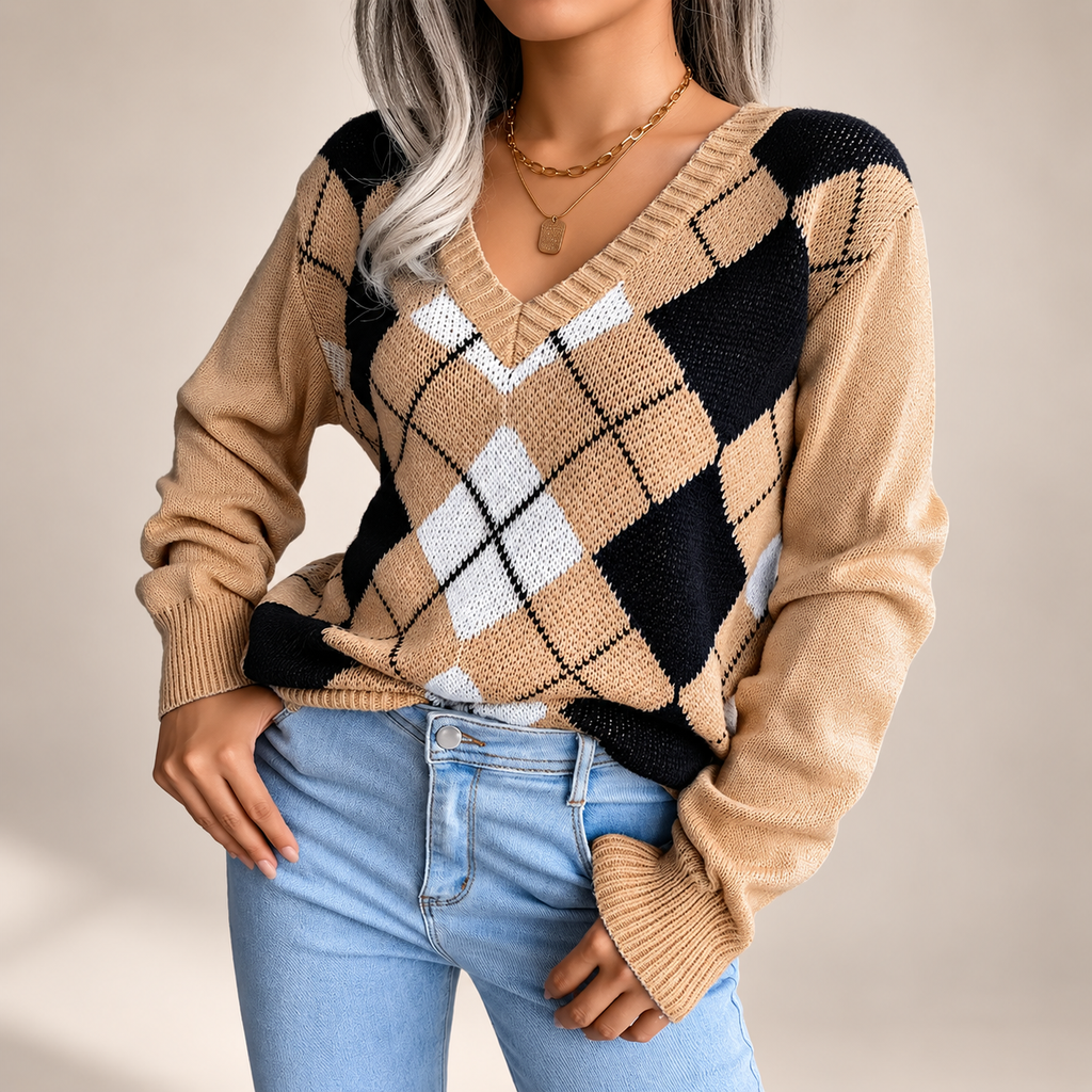 Beatrice Argyle V-Neck Knit Sweater – Women’s Long Sleeve Diamond Pattern Pullover