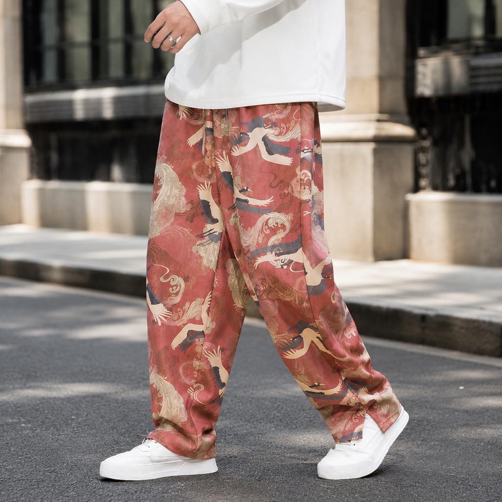 Matteo Men's Relaxed Wide-Leg Crane Print Drawstring Pants