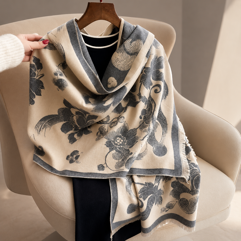 Isadora Floral Reversible Wrap Scarf – Oversized Fringe Shawl