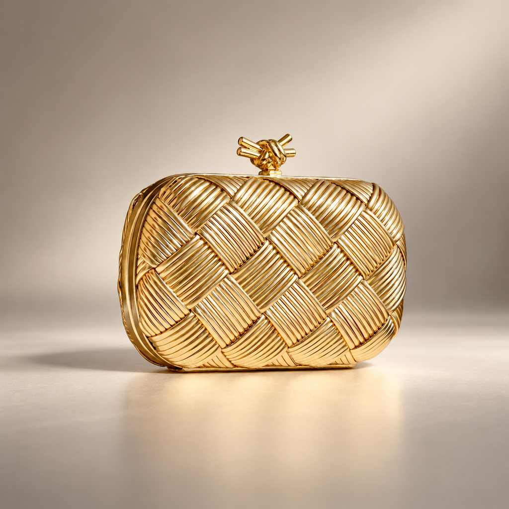 Camille Woven Metallic Evening Clutch Bag with Knot Clasp
