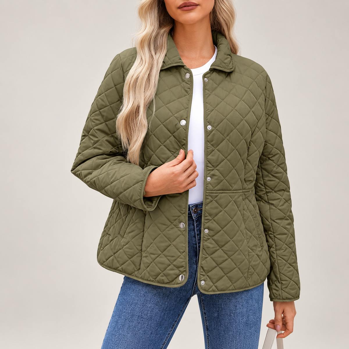 Isabelle Women’s Diamond Quilted Jacket – Snap Front Collared Lightweight Coat