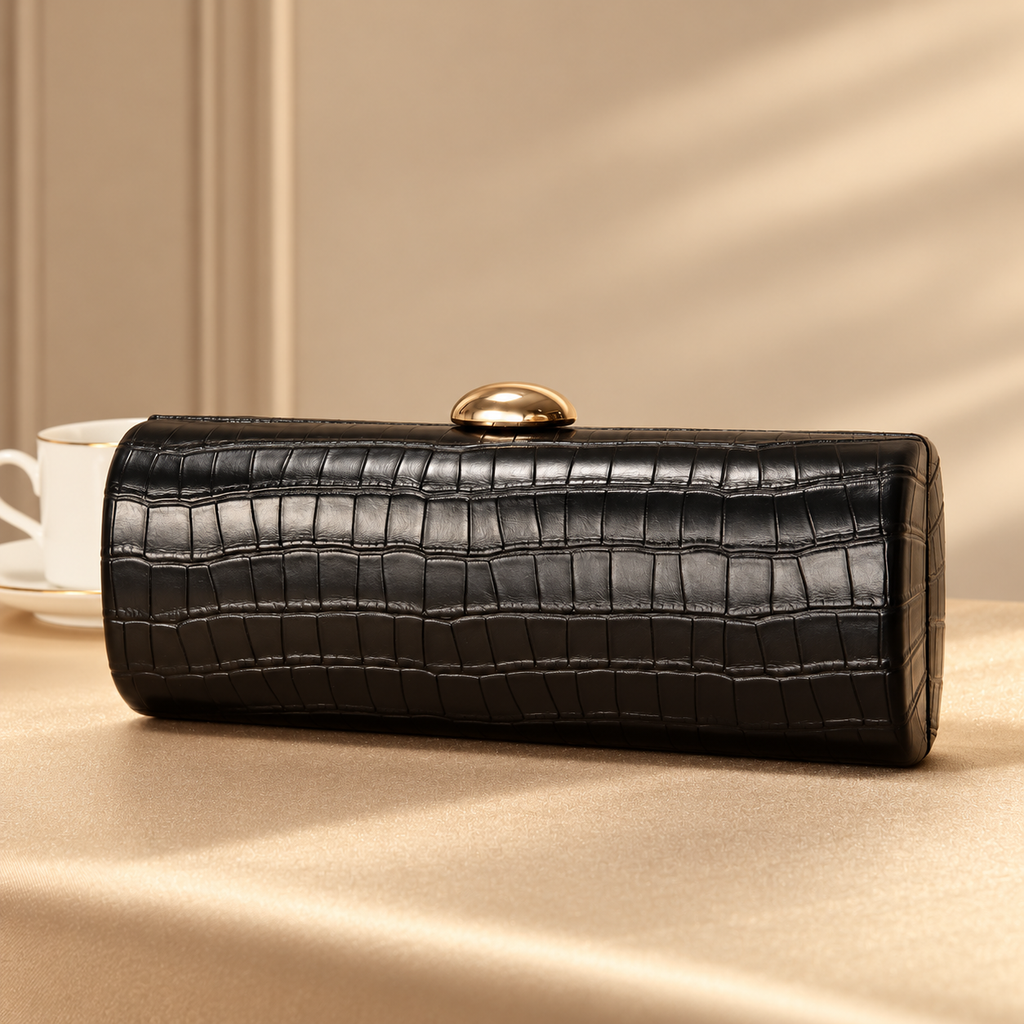 Lucienne Croc-Embossed Metallic Clutch Bag with Chain Strap