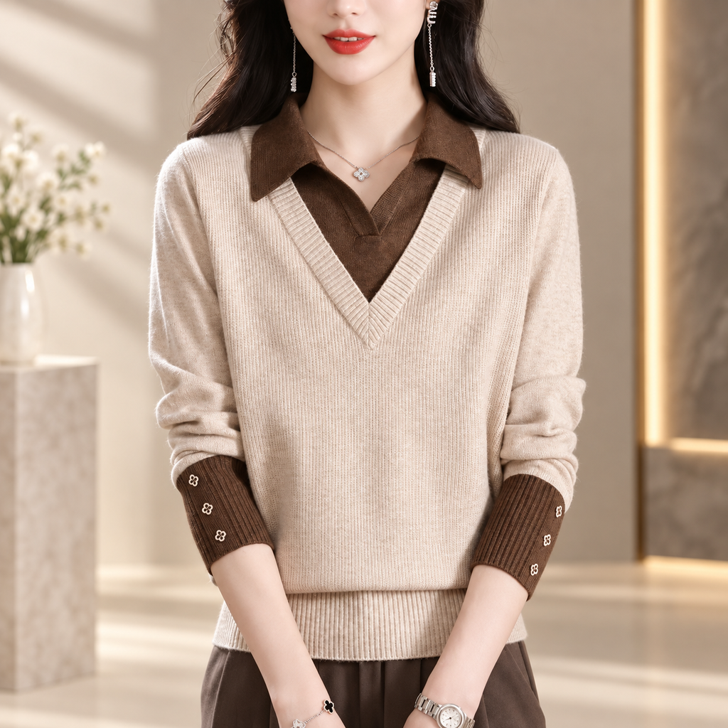 Emmeline Women’s Layered V-Neck Knit Sweater – Collared Long Sleeve Pullover