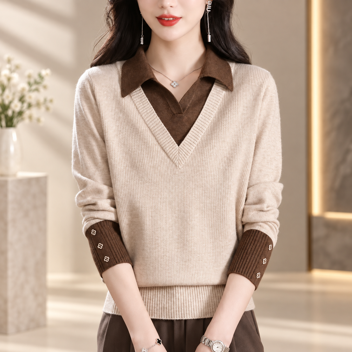 Emmeline Women’s Layered V-Neck Knit Sweater – Collared Long Sleeve Pullover
