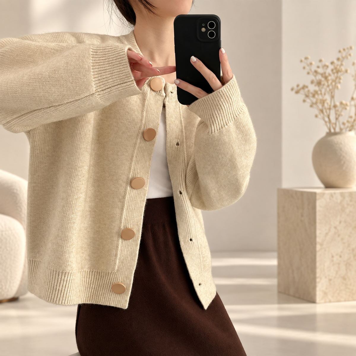 Elena Women's Round Neck Knit Cardigan with Oversized Buttons