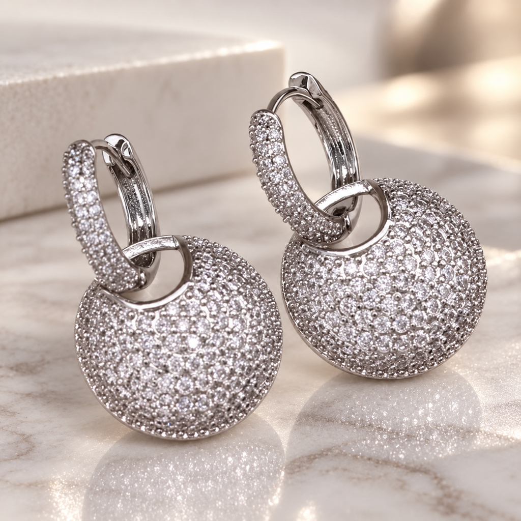 Margaux Pavé Disc Drop Earrings – Crystal Huggie Earrings in Gold or Silver Tone