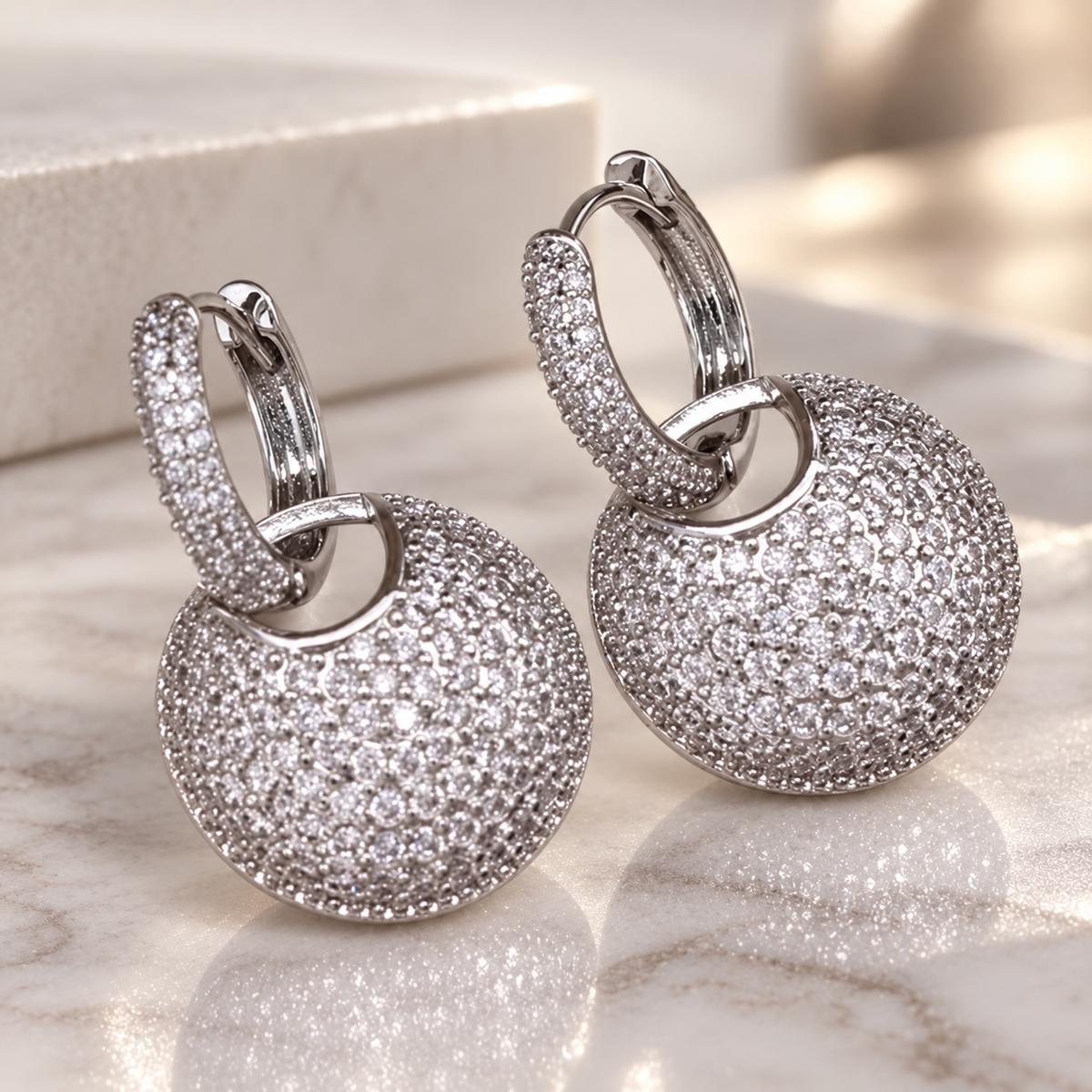 Margaux Pavé Disc Drop Earrings – Crystal Huggie Earrings in Gold or Silver Tone