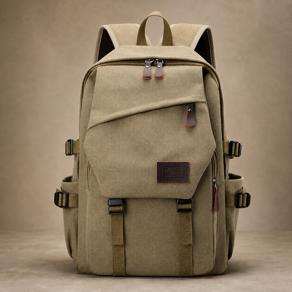 Harrison Canvas Backpack – Multi-Pocket Travel Rucksack with Front Flap Pocket