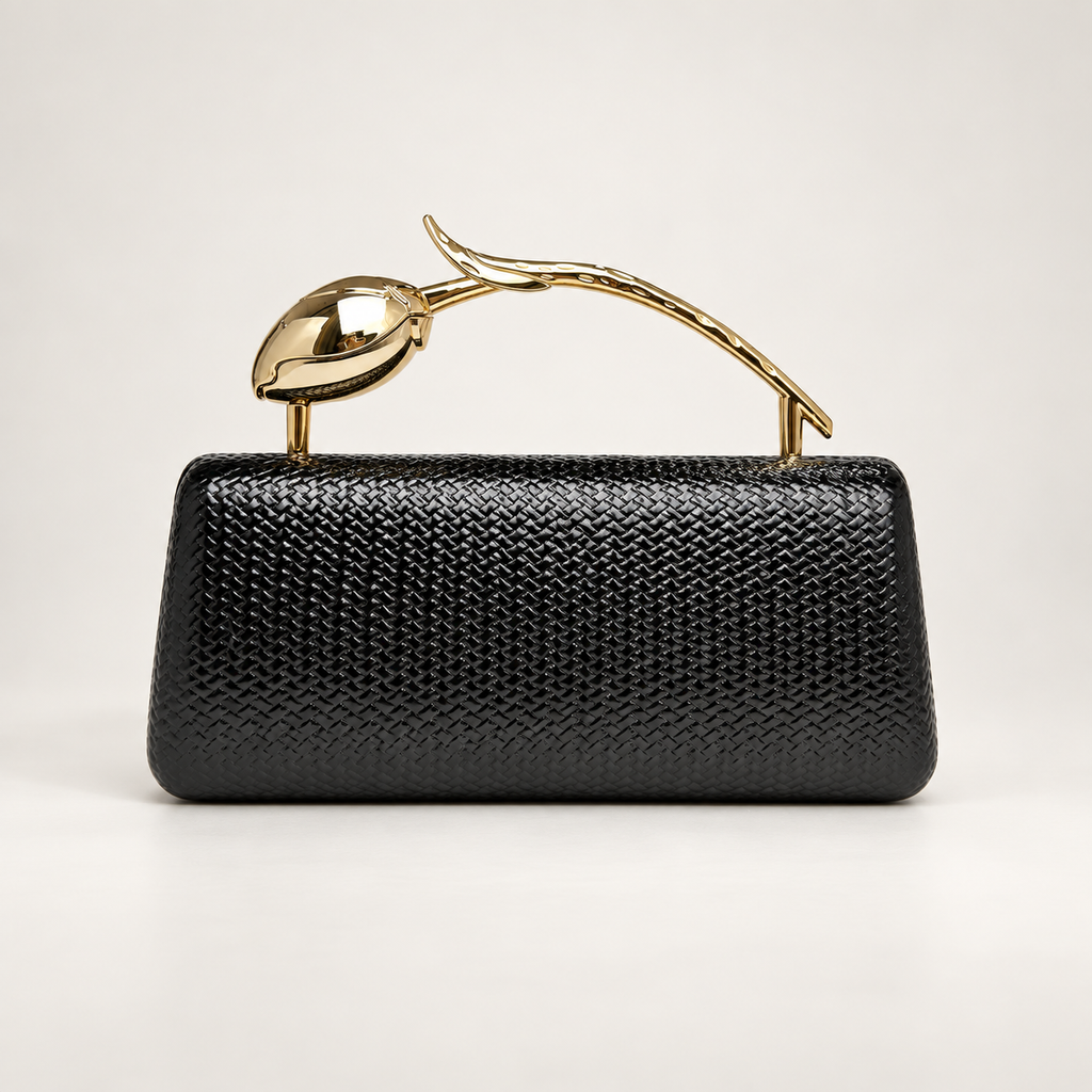 Camille Metallic Woven-Texture Evening Clutch with Sculptural Gold Handle