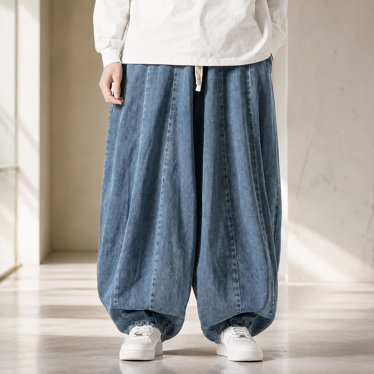 Lorenzo Men’s Balloon Fit Drawstring Denim-Look Pants