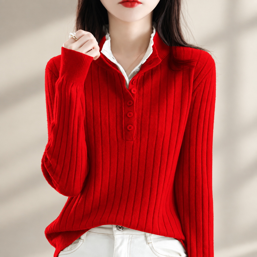 Felicity Women’s Ribbed Polo Knit Sweater – Long Sleeve Button Placket Pullover