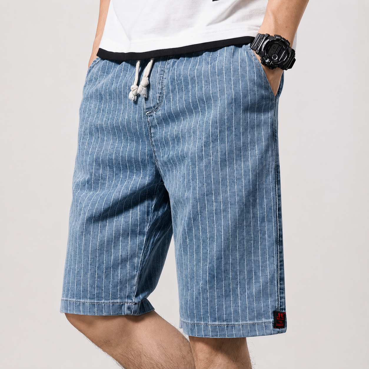 Oliver Pinstripe Denim Drawstring Shorts