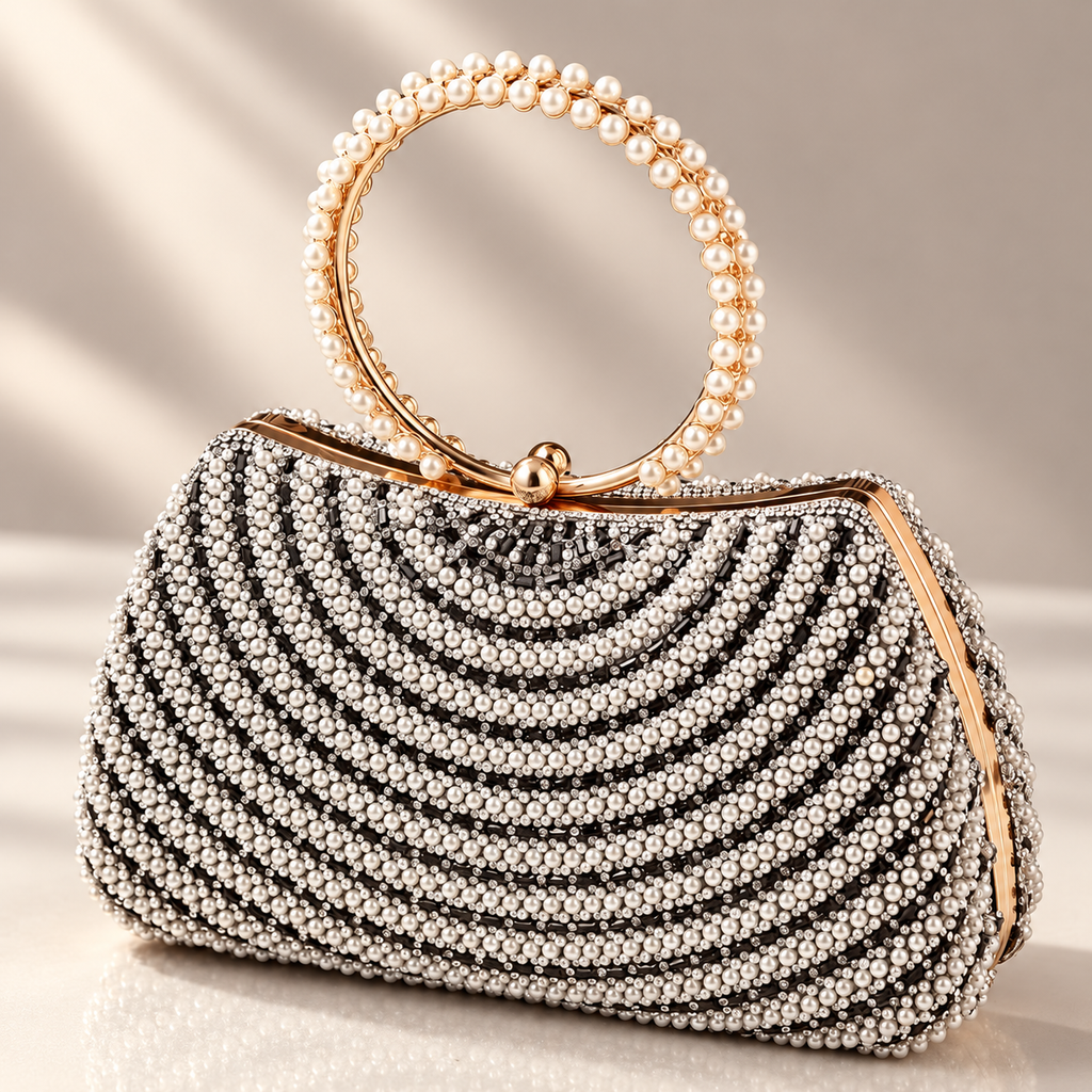 Camille Pearl Beaded Ring Handle Evening Clutch Bag