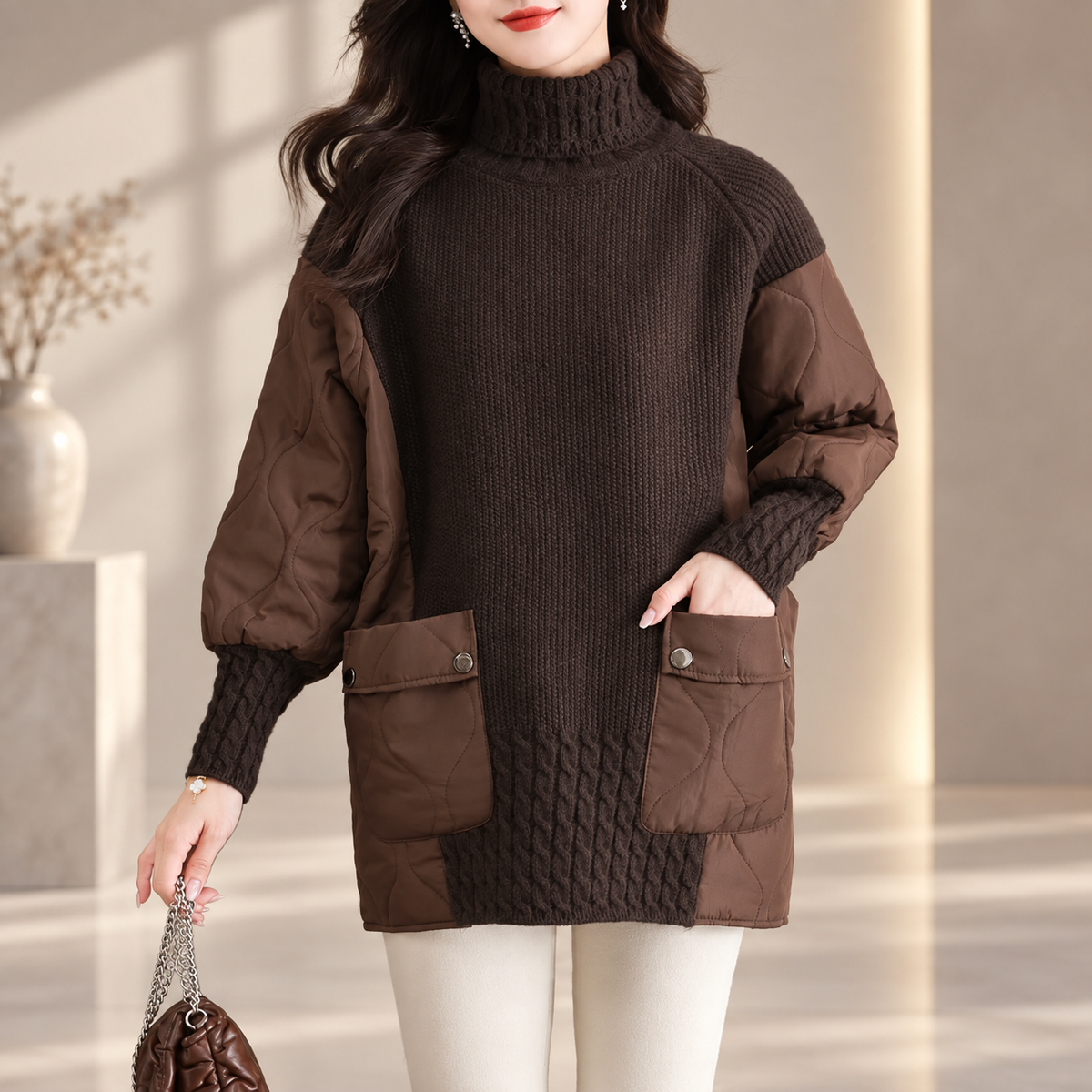 Alessia Women’s Turtleneck Mixed-Media Knit Tunic – Long Sleeve Pullover with Patch Pockets