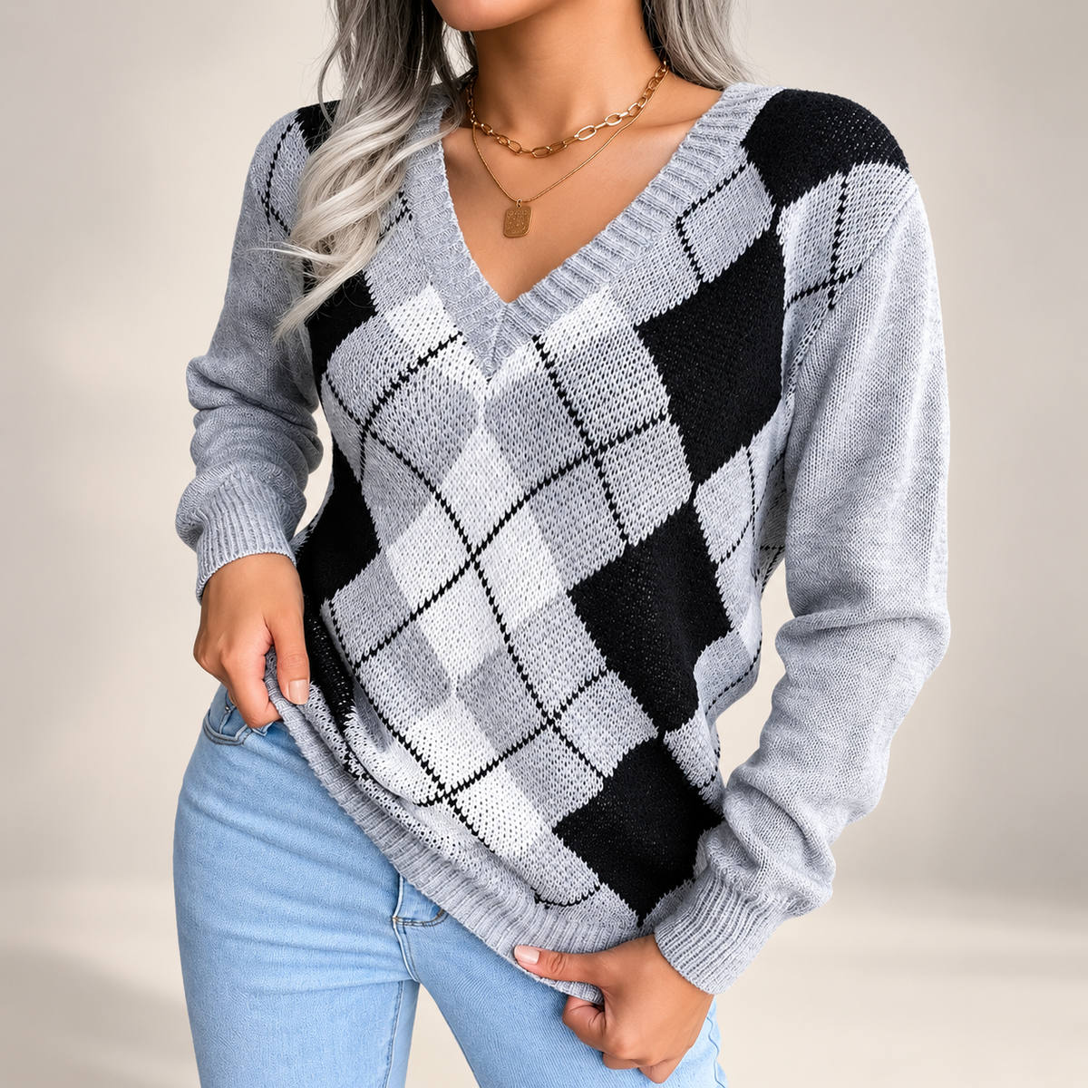 Beatrice Argyle V-Neck Knit Sweater – Women’s Long Sleeve Diamond Pattern Pullover
