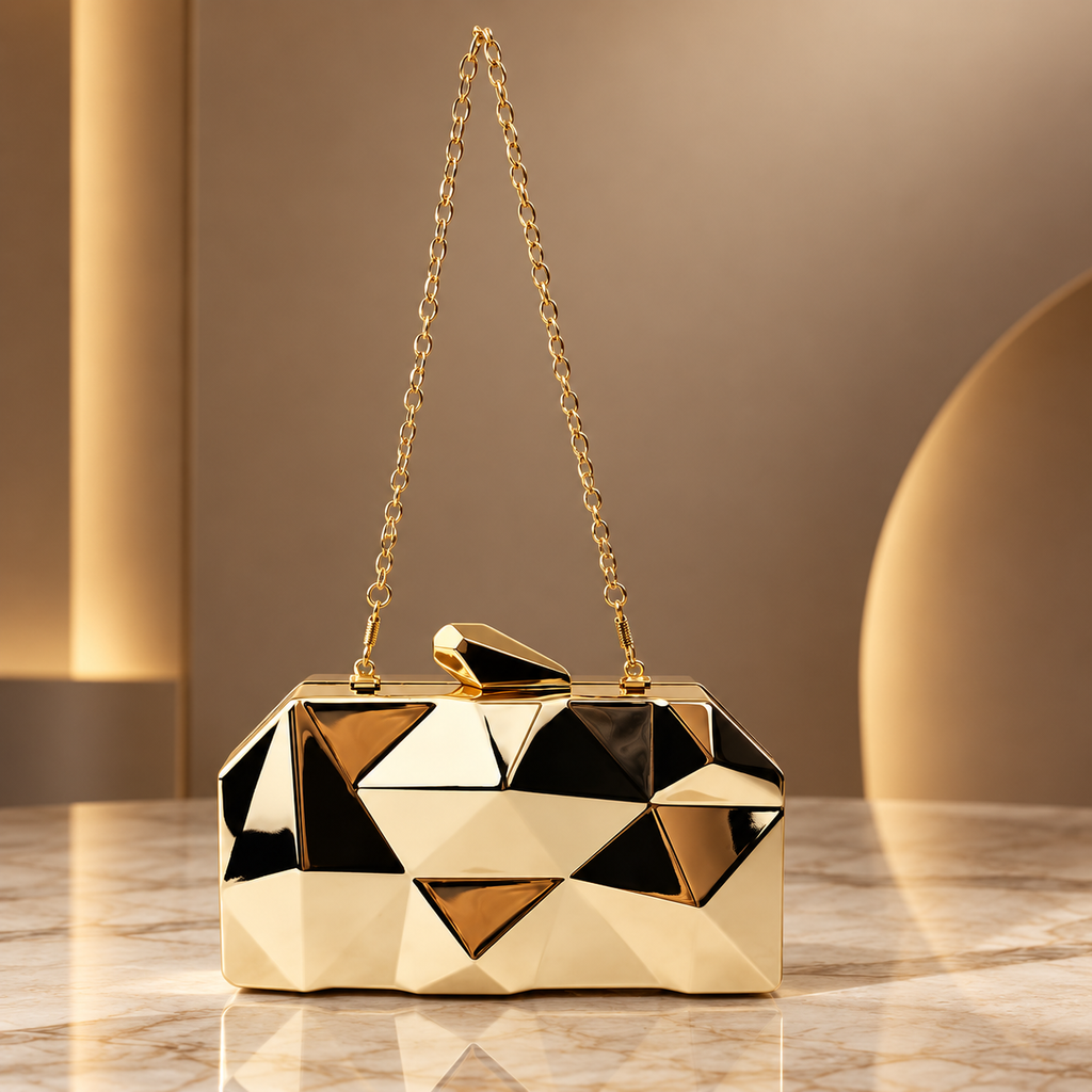 Alessandra Geometric Metallic Hard-Shell Evening Clutch with Chain Strap
