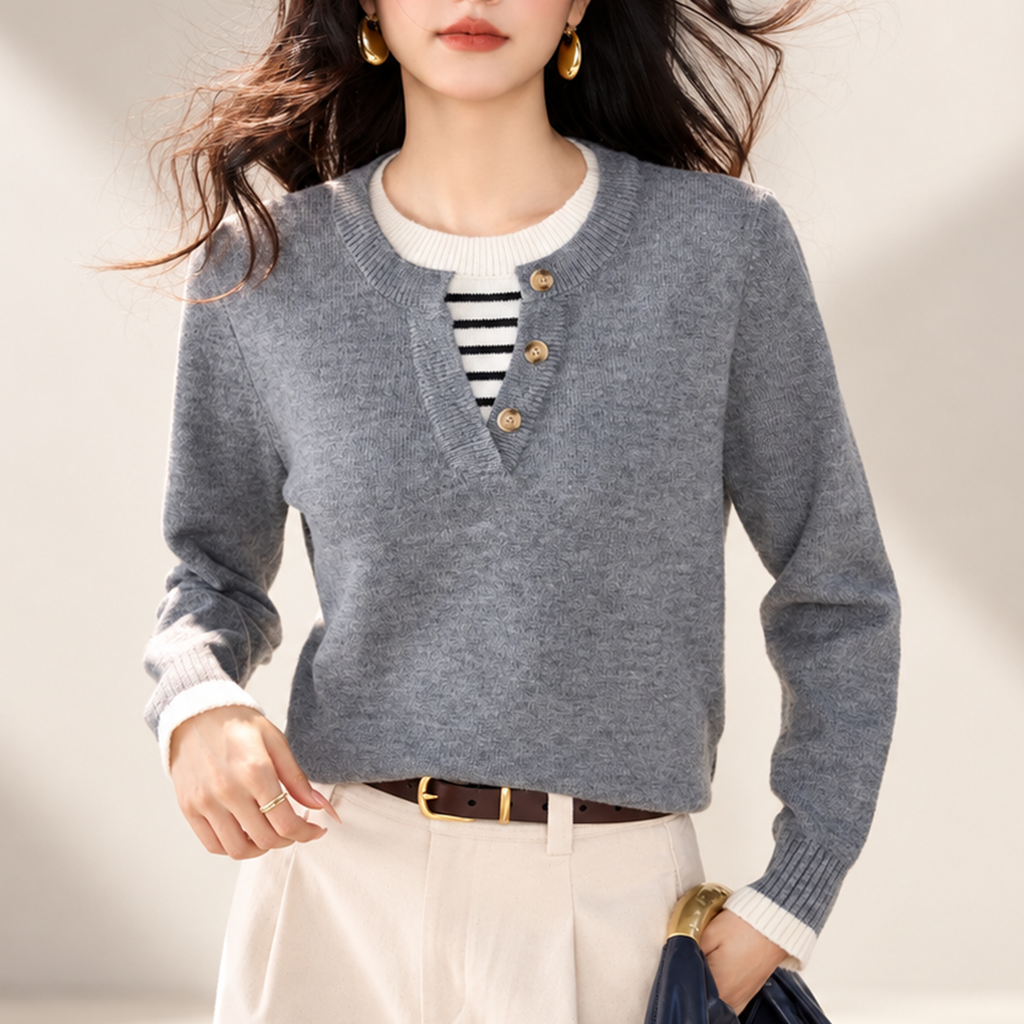 Camille Women’s Contrast Trim Button-Placket Knit Sweater