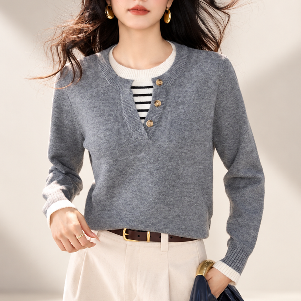 Camille Women’s Contrast Trim Button-Placket Knit Sweater