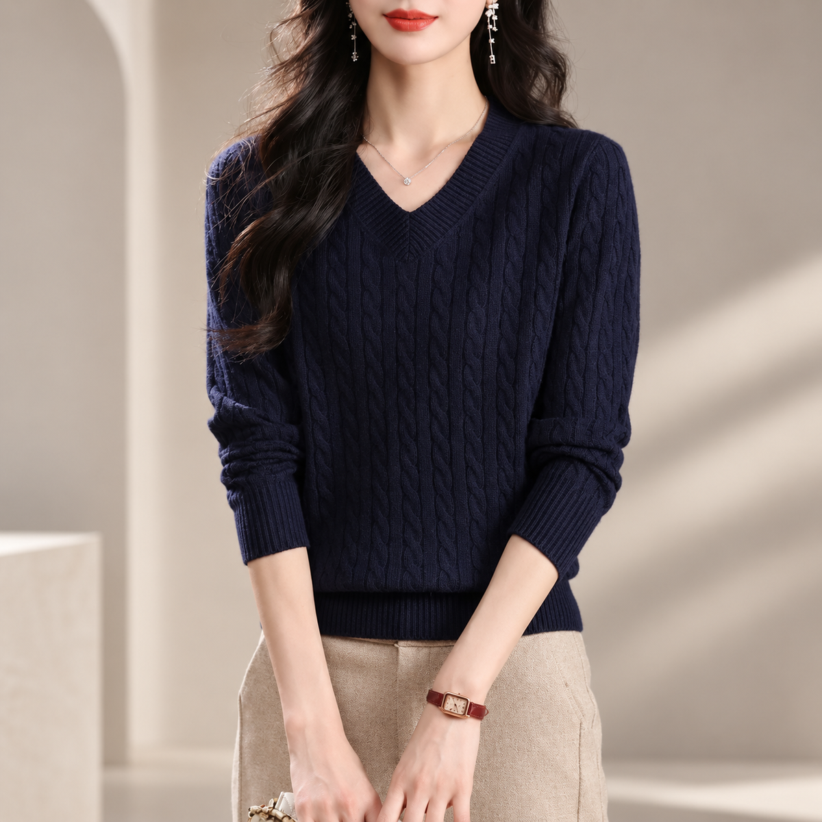 Valentina Women's Cable Knit V-Neck Sweater with Ribbed Trim
