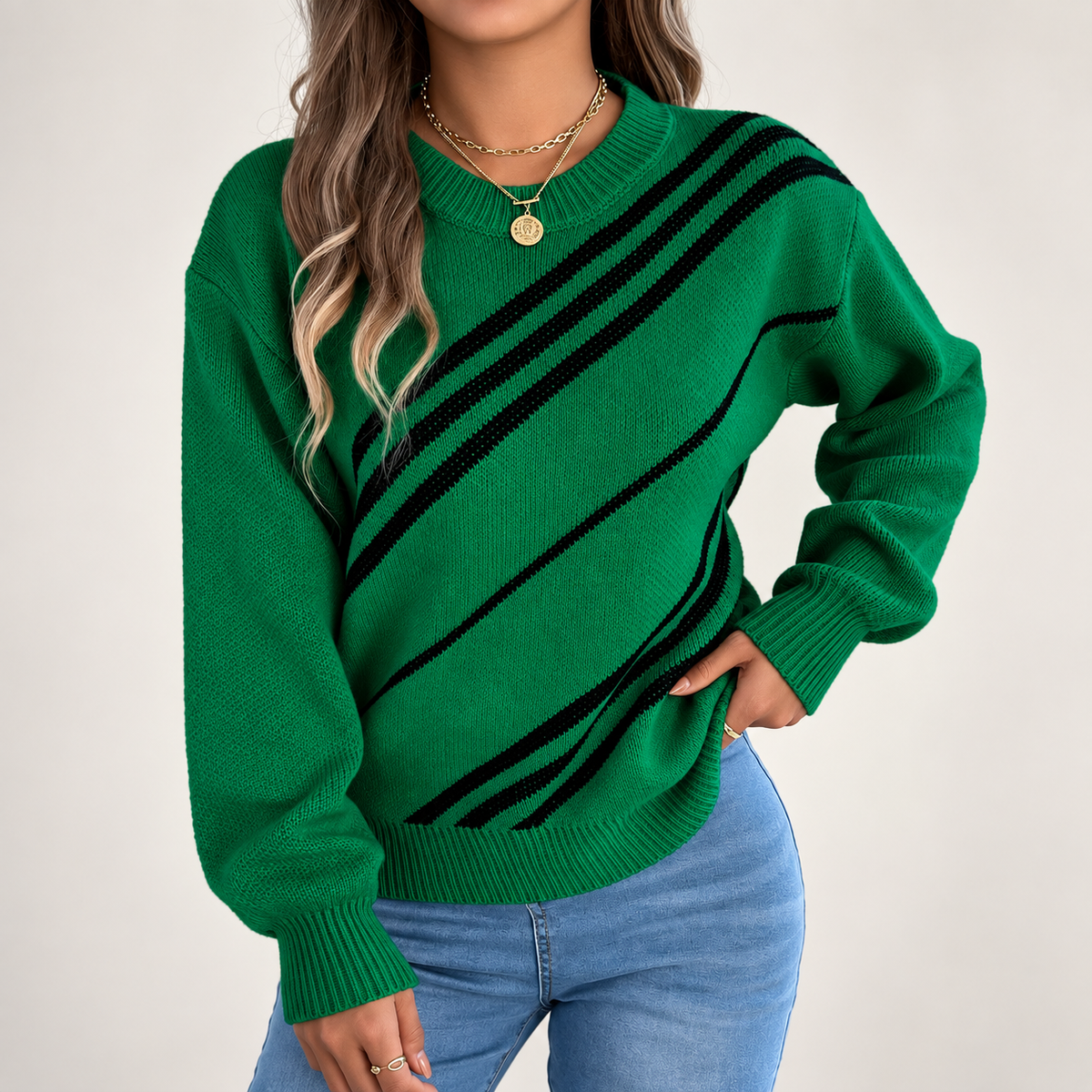 Sienna Women’s Diagonal Stripe Crewneck Knit Sweater