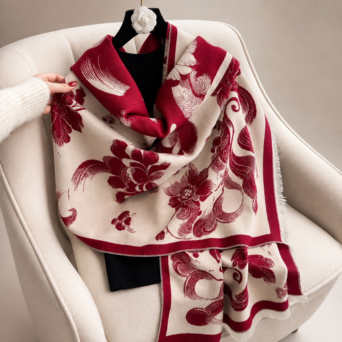 Isadora Floral Reversible Wrap Scarf – Oversized Fringe Shawl