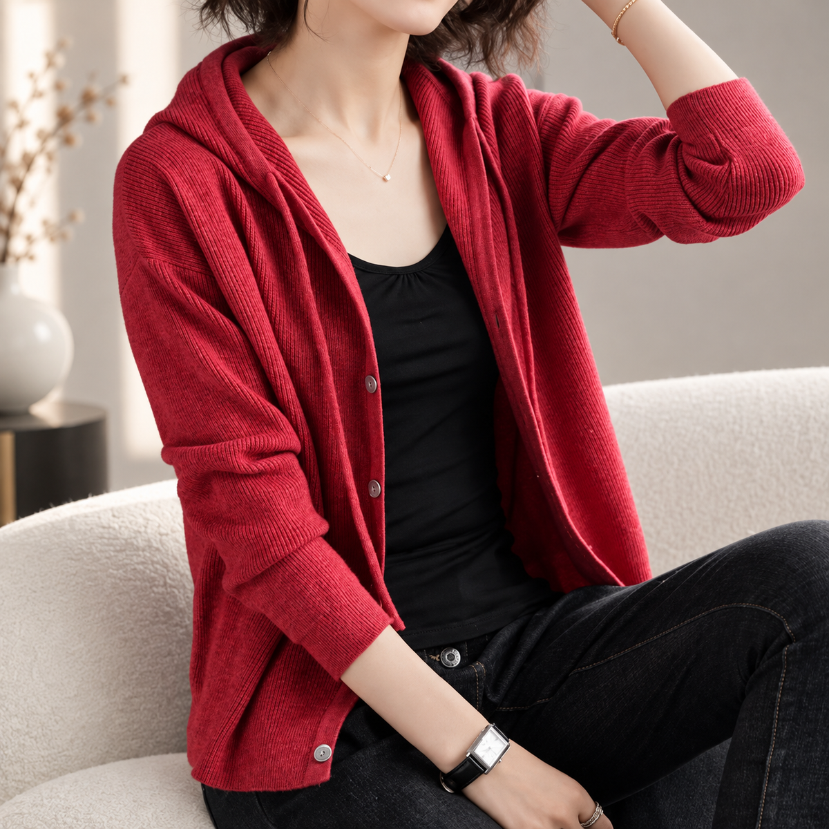 Clara Hooded Knit Cardigan – Women’s Button Front Long Sleeve Sweater