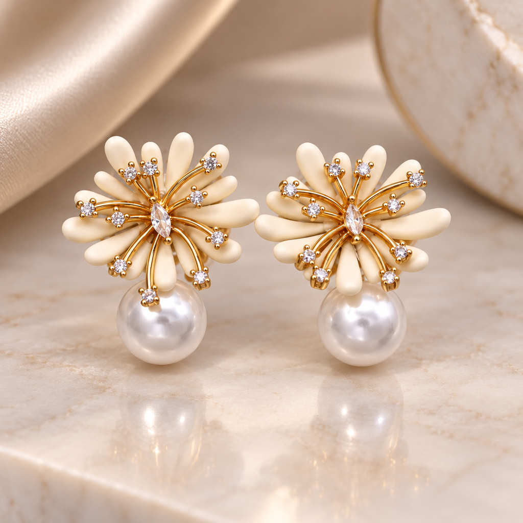 Camille Floral Pearl Drop Stud Earrings – Crystal Accent Flower Statement Earrings
