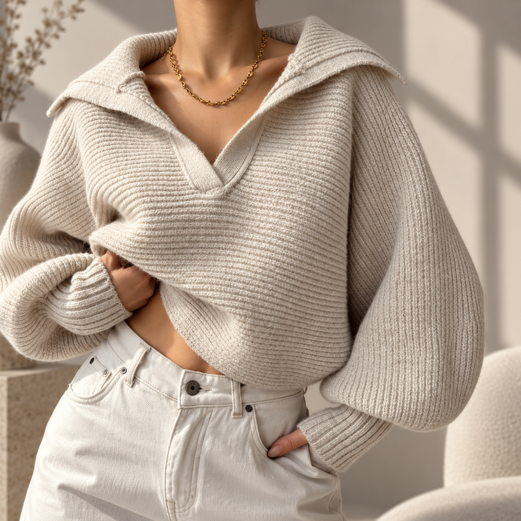 Colette Women’s Oversized Collared Knit Sweater – Ribbed Long Sleeve Pullover