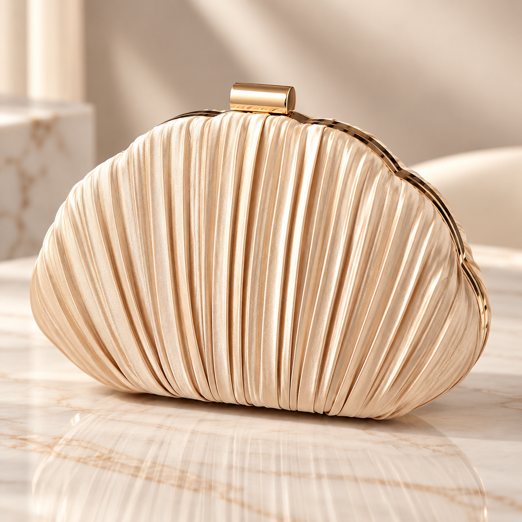 Rosalie Pleated Shell Evening Clutch with Gold Frame