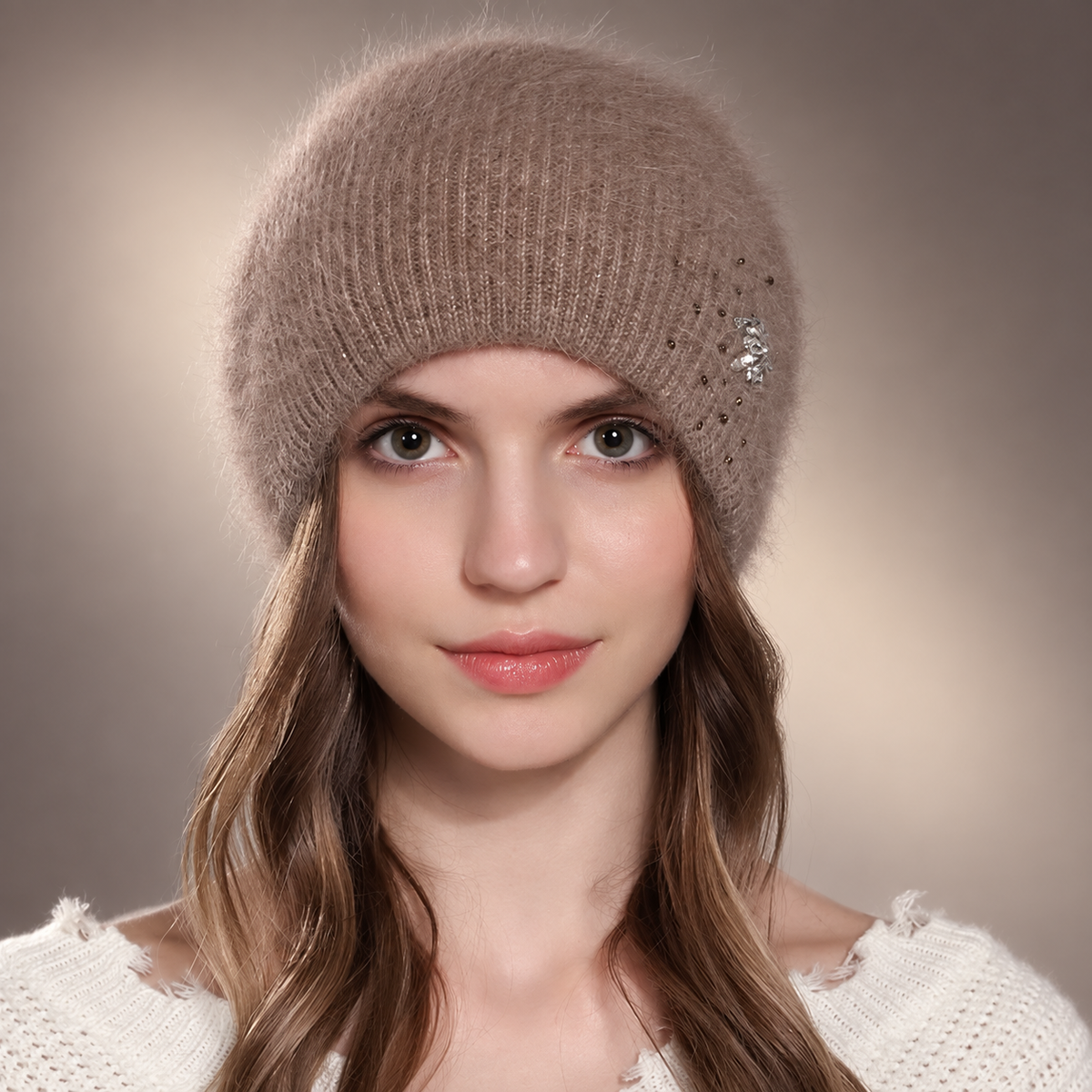 Isabelle Women’s Fuzzy Knit Beanie – Rhinestone Accent Winter Hat