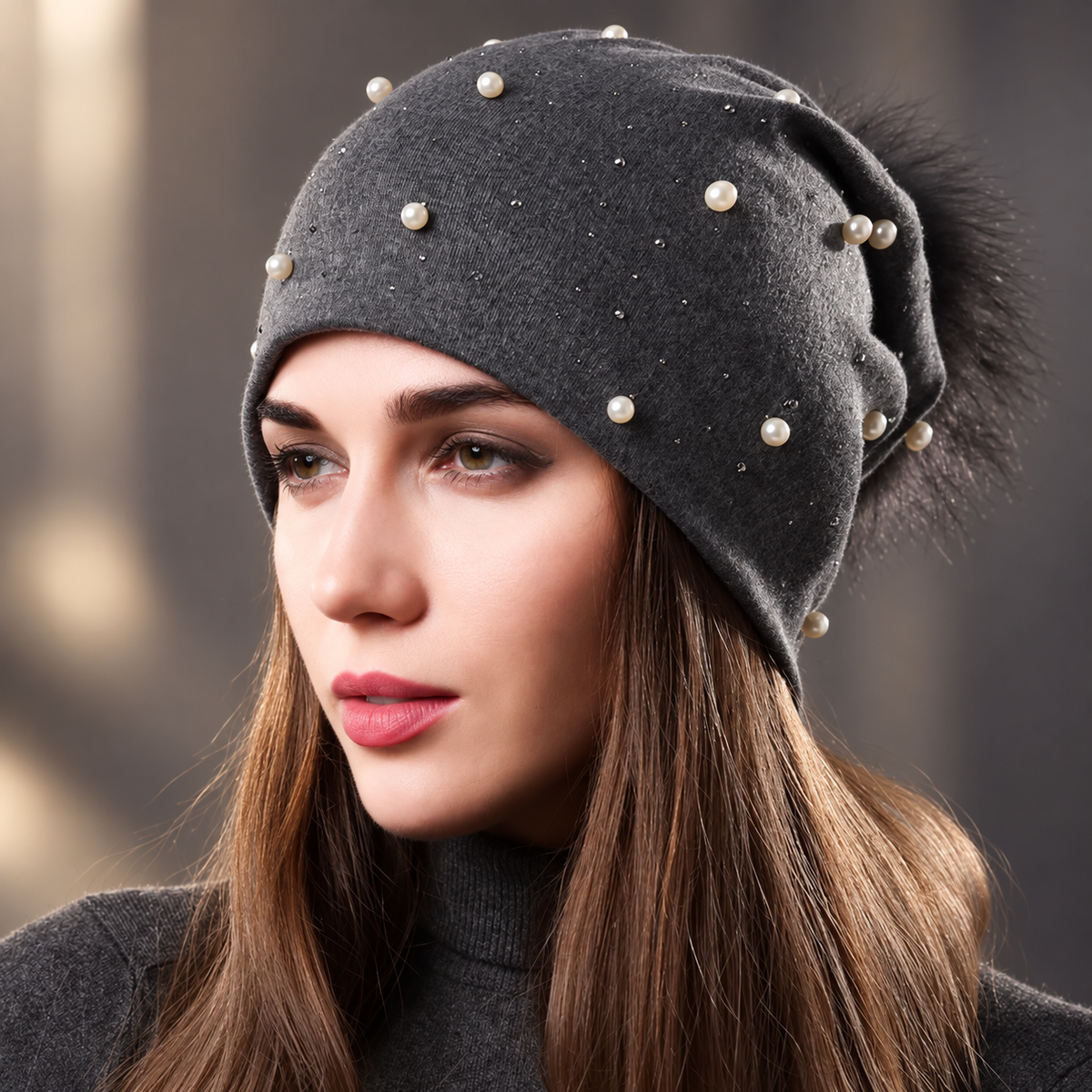 Valentina Pearl Embellished Pom-Pom Beanie – Soft Slouch Winter Hat