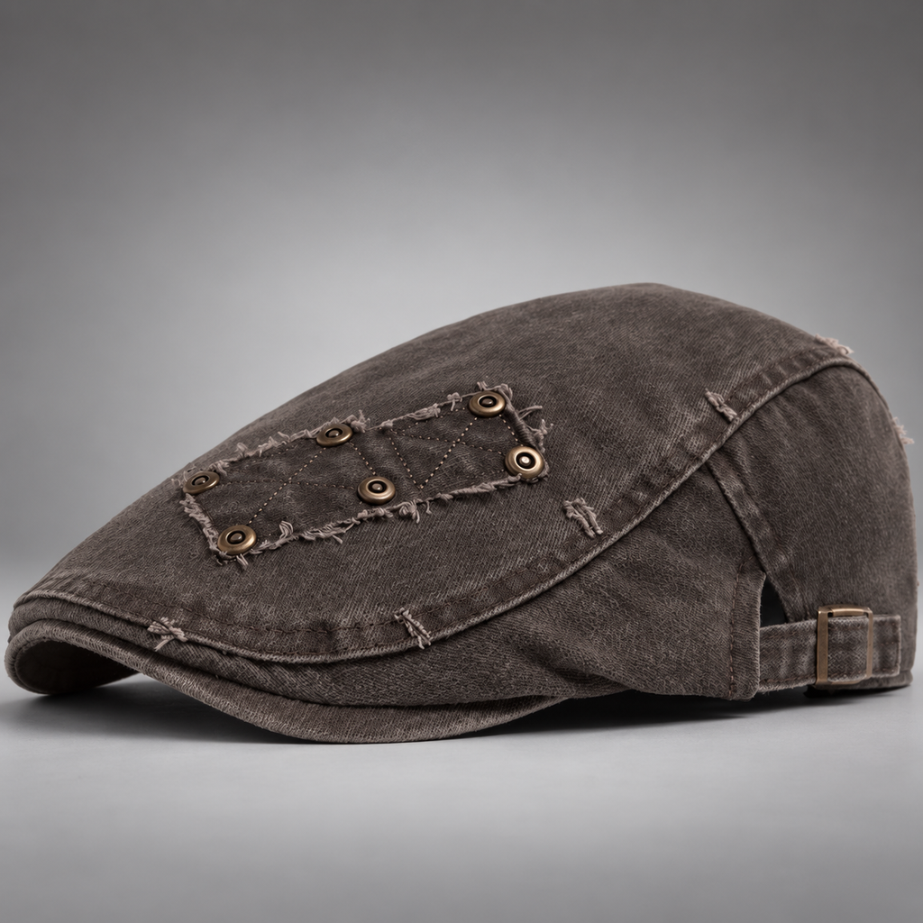 Callum Washed Flat Cap with Rivet Patch and Adjustable Buckle