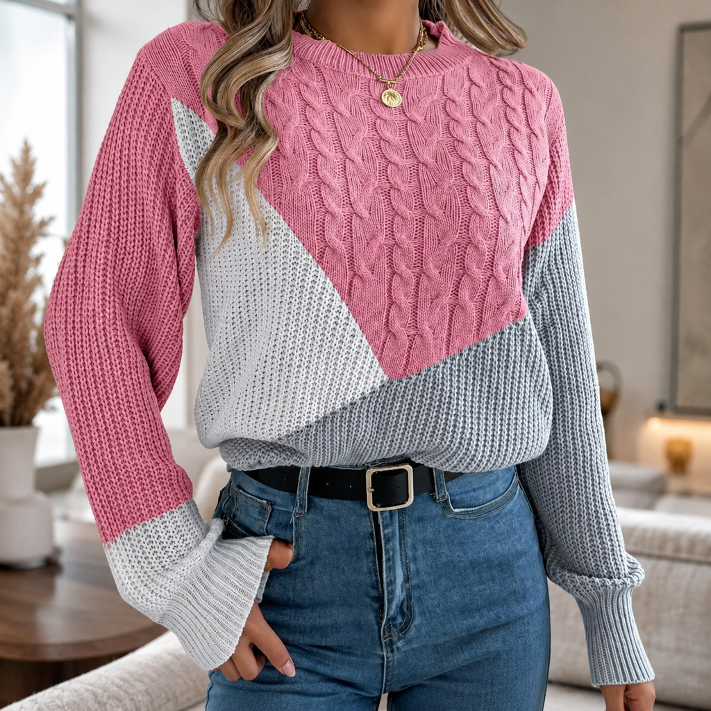 Camille Women’s Color Block Cable Knit Crew Neck Sweater