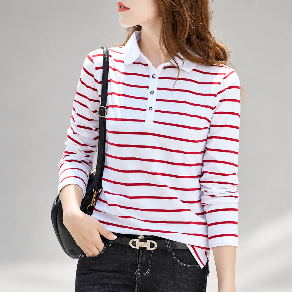 Camille Women’s Long Sleeve Striped Polo Shirt