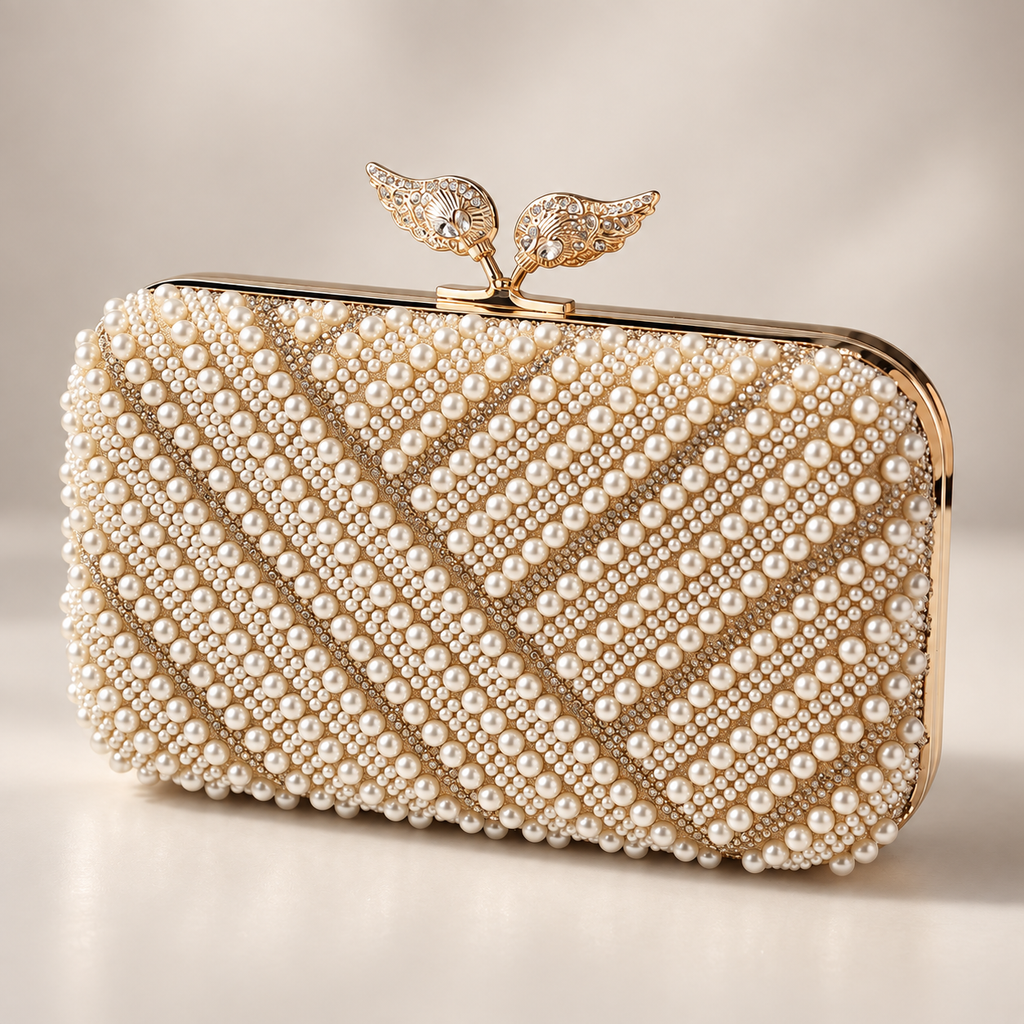 Rosalie Pearl Beaded Evening Clutch with Leaf Top Clasp