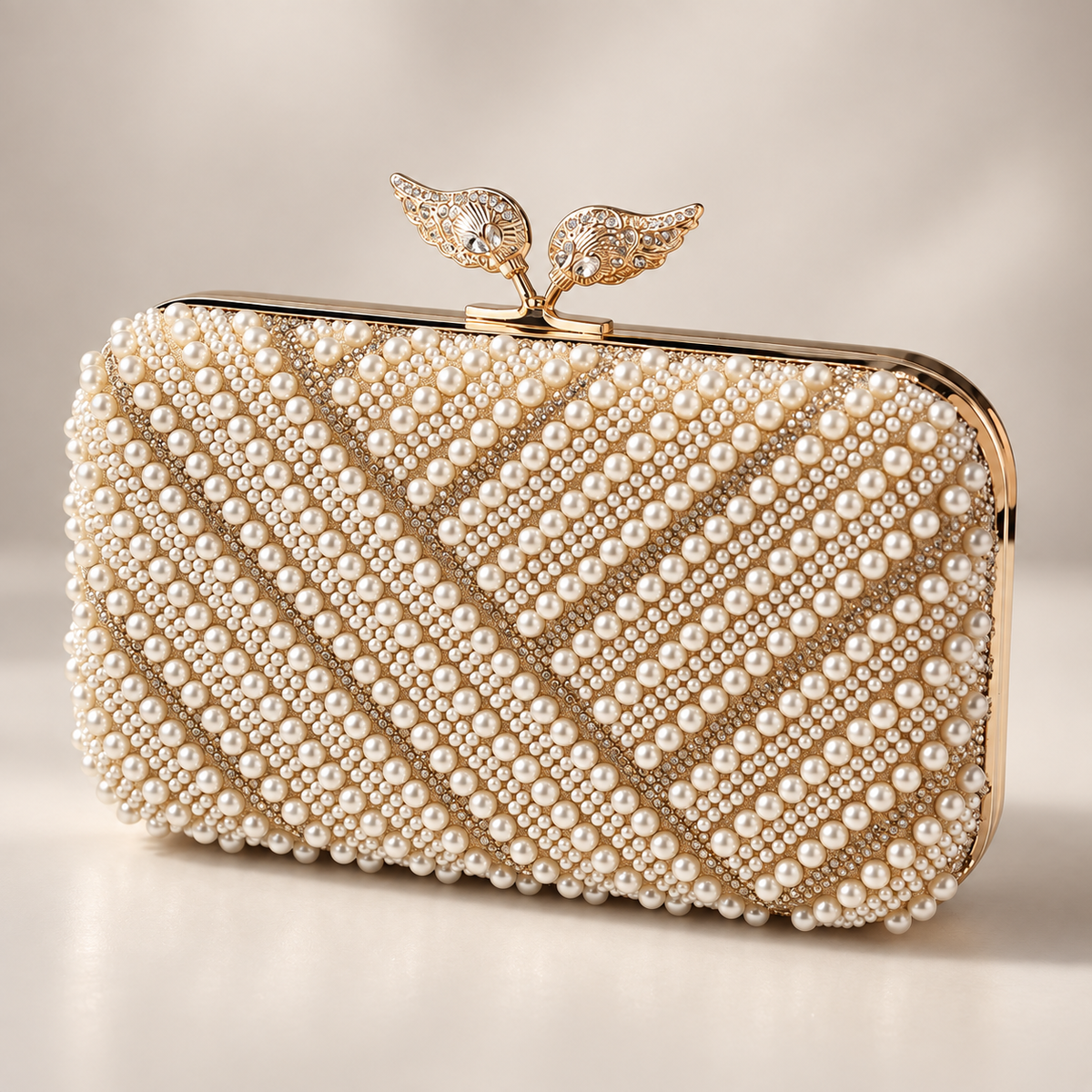 Rosalie Pearl Beaded Evening Clutch with Leaf Top Clasp
